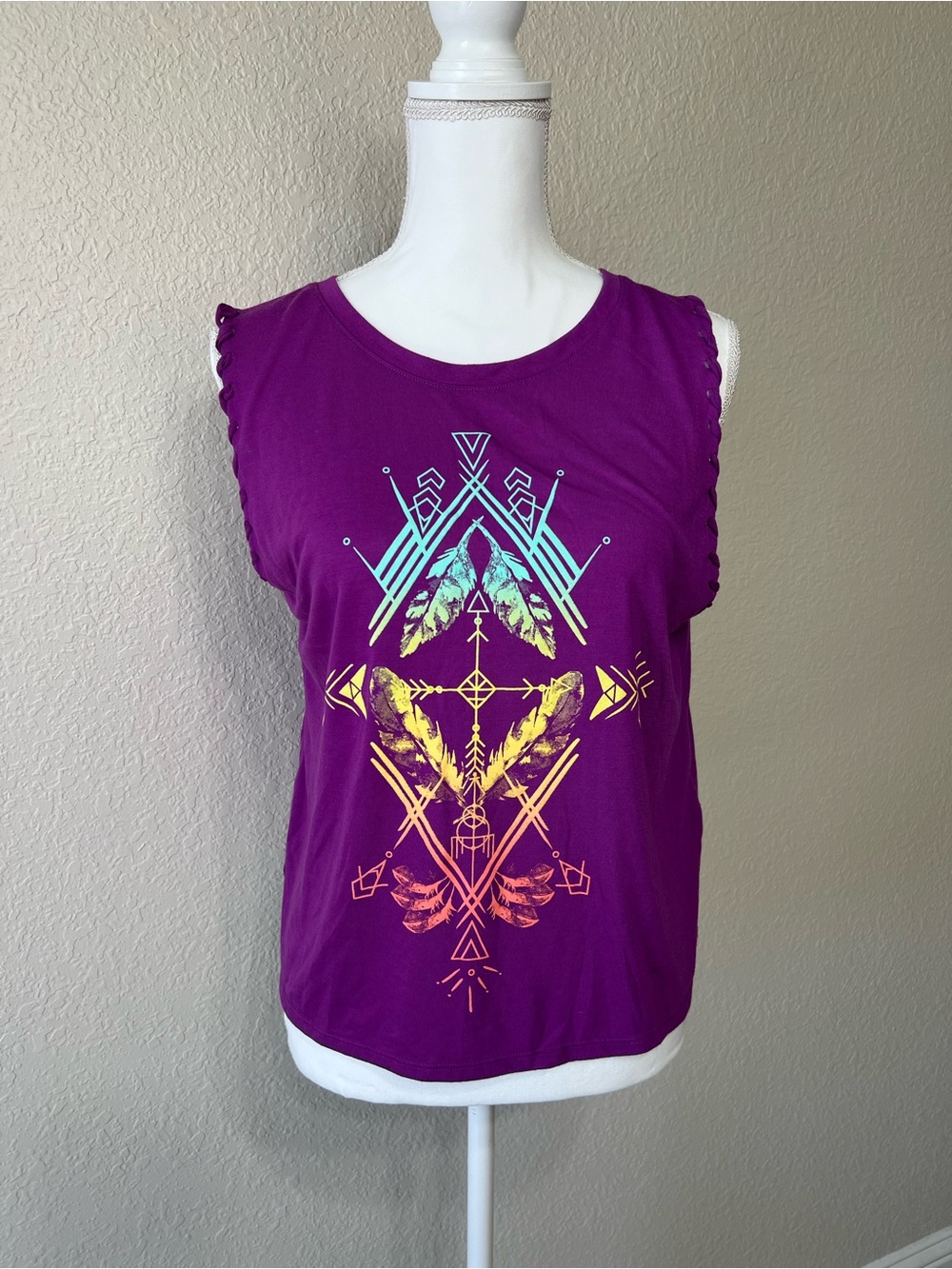 ☀️☀️SUMMER SALE - Southwestern Print Tank Top Vibrant Hues Braided Straps XL